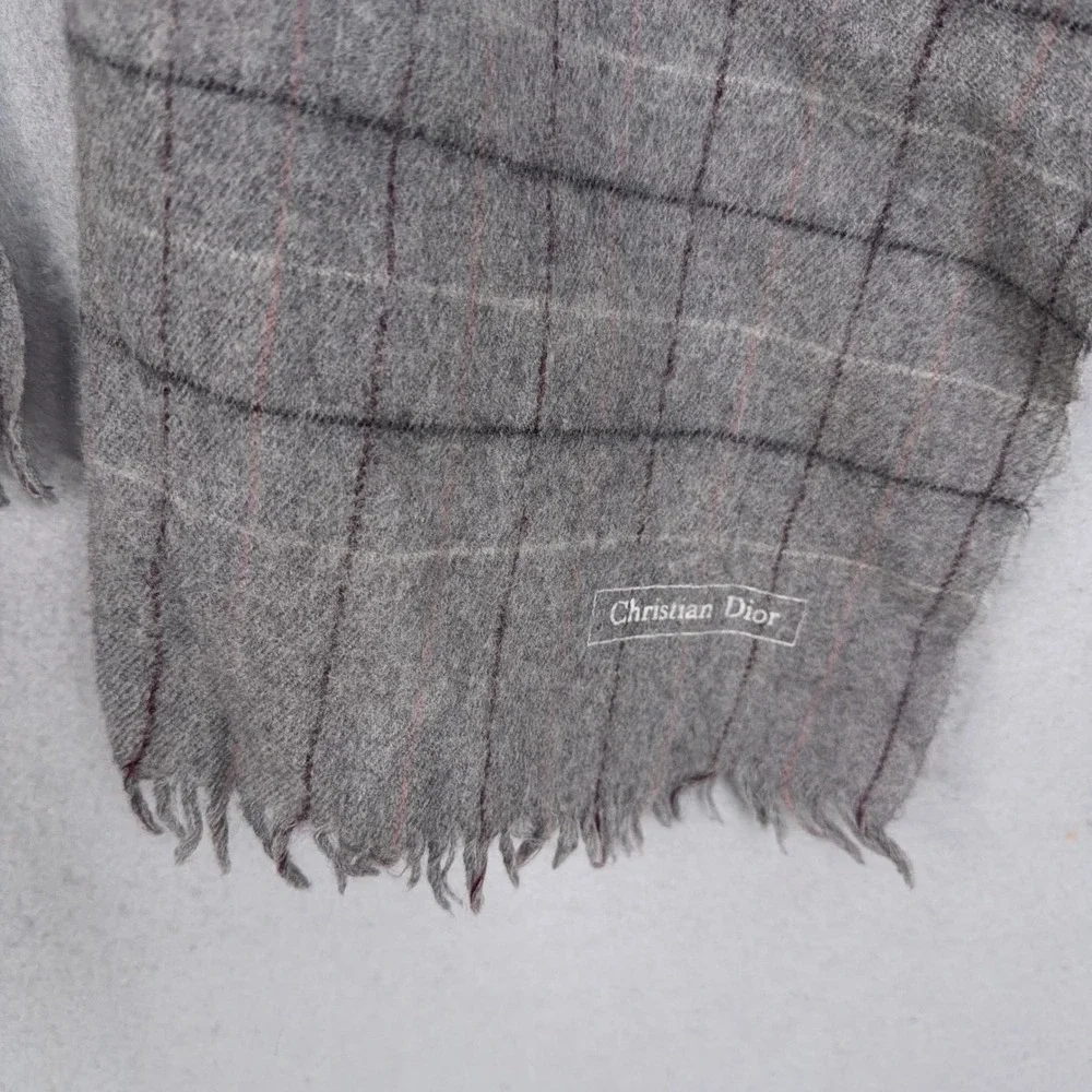 Christian Dior Scarf Mens One Size Gray Grid Merino Wool Fringed Luxury Designer